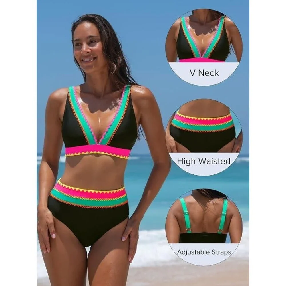 popvil Women's High Waisted Bikini Sets Two Piece Bathing Suits Color Block S
